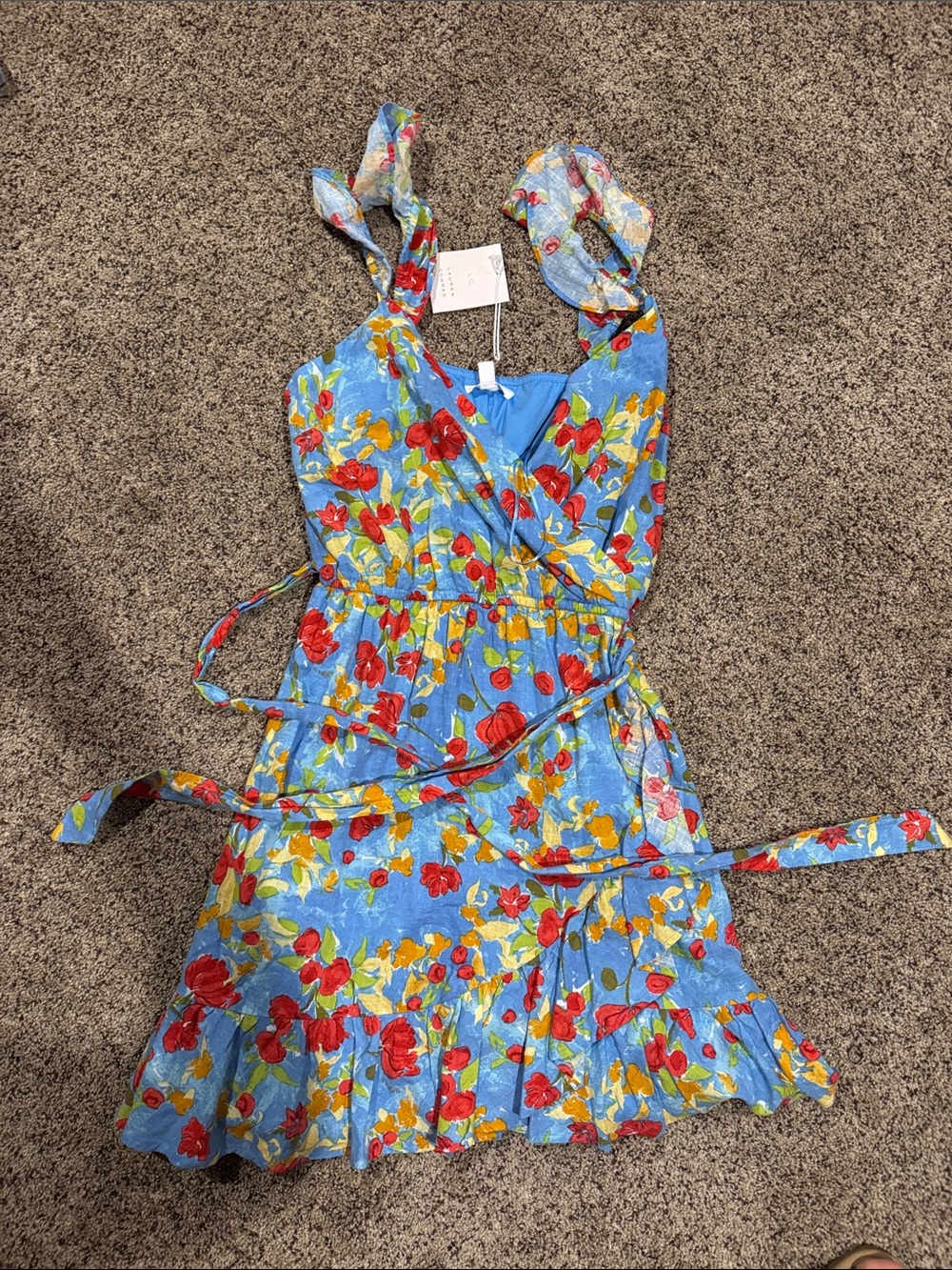 LC Lauren Conrad Blue Floral Sundress with Red and Yellow Blooms
